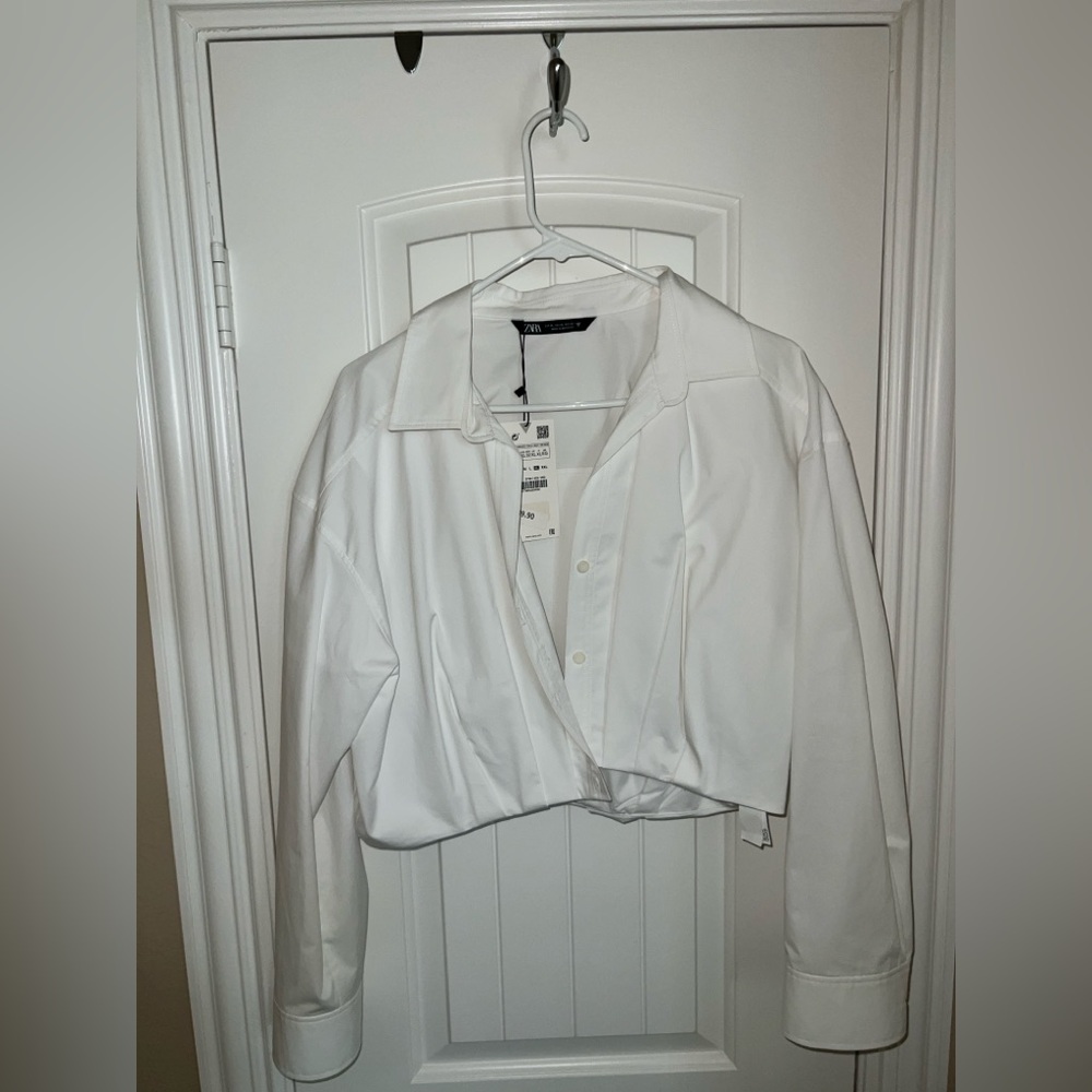 Zara White Cropped Poplin Button-Up Shirt
